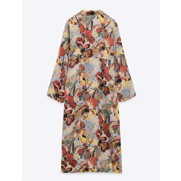 ZARA Blue Silky Satin Floral Printed Long Sleeve Button Down Midi Shirt Dress - Picture 11 of 17